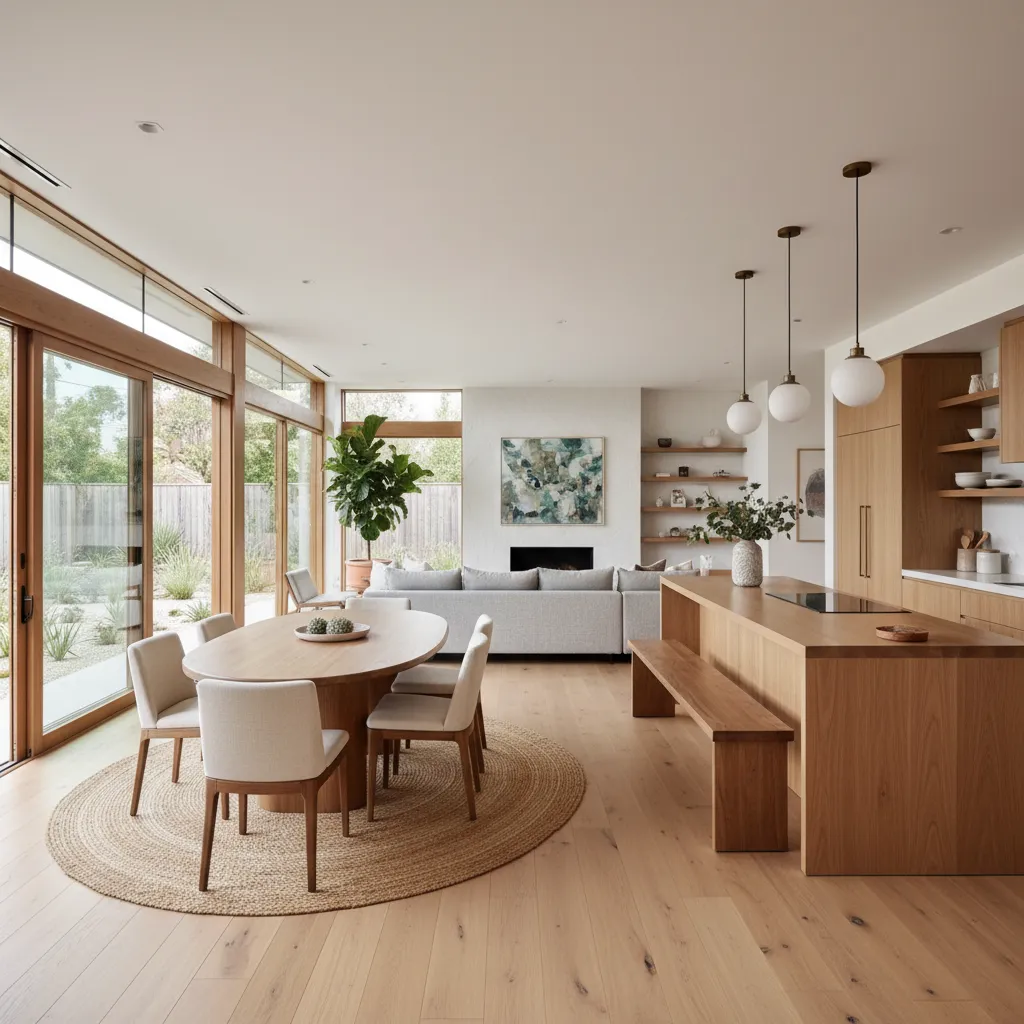 Salón abierto con cocina integrada en casa de una planta