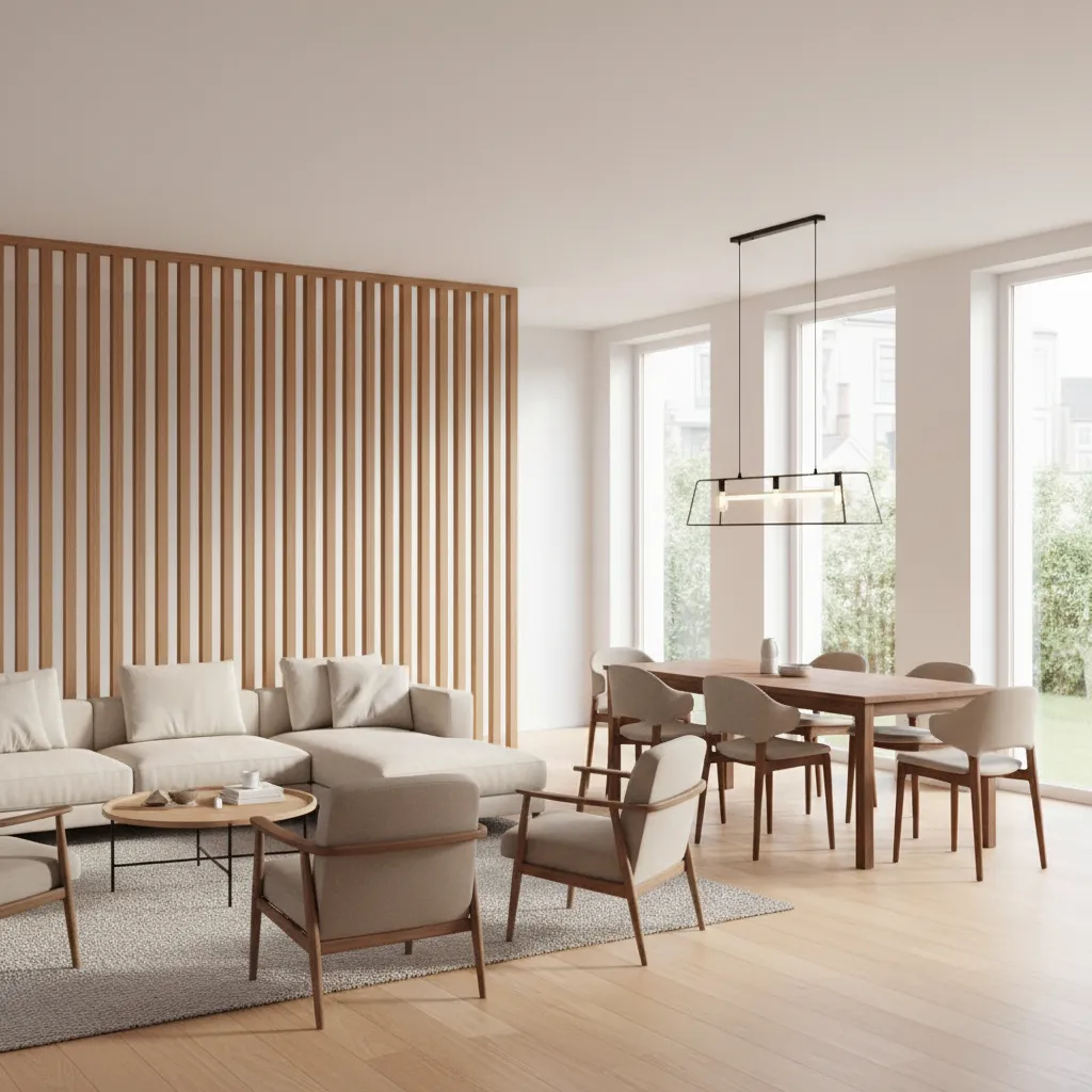 Open plan living room with wooden divider separating lounge and dining area