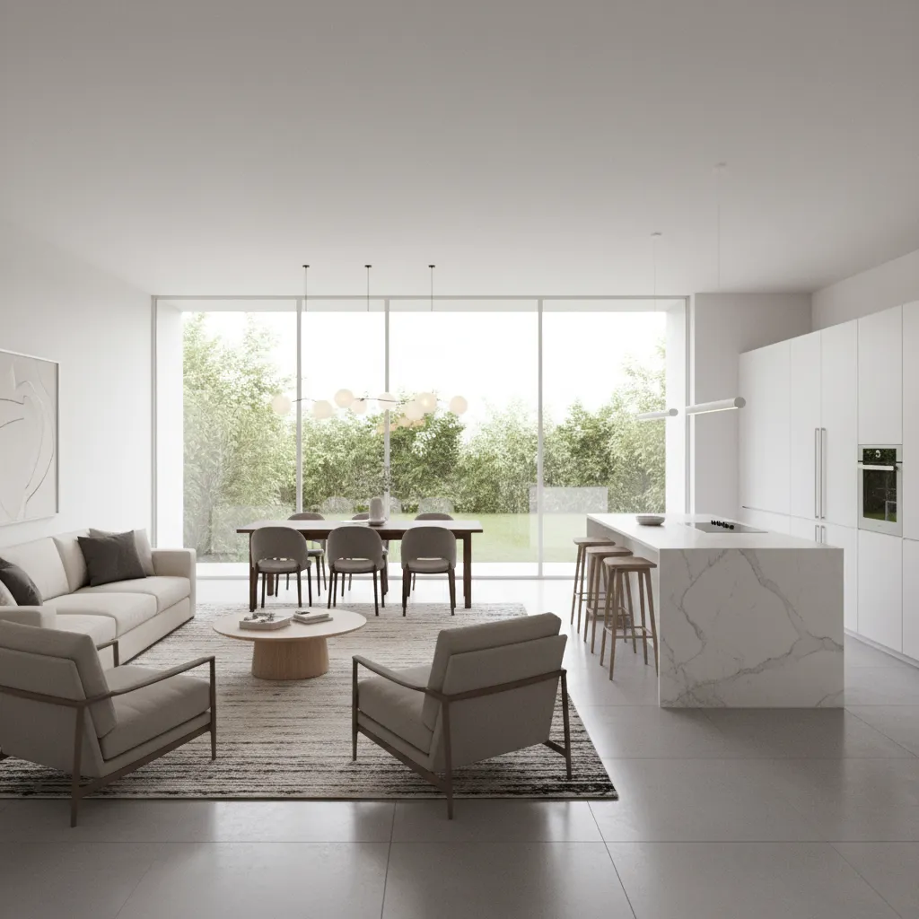 Modern white open kitchen and living room featuring marble island wooden table and large windows