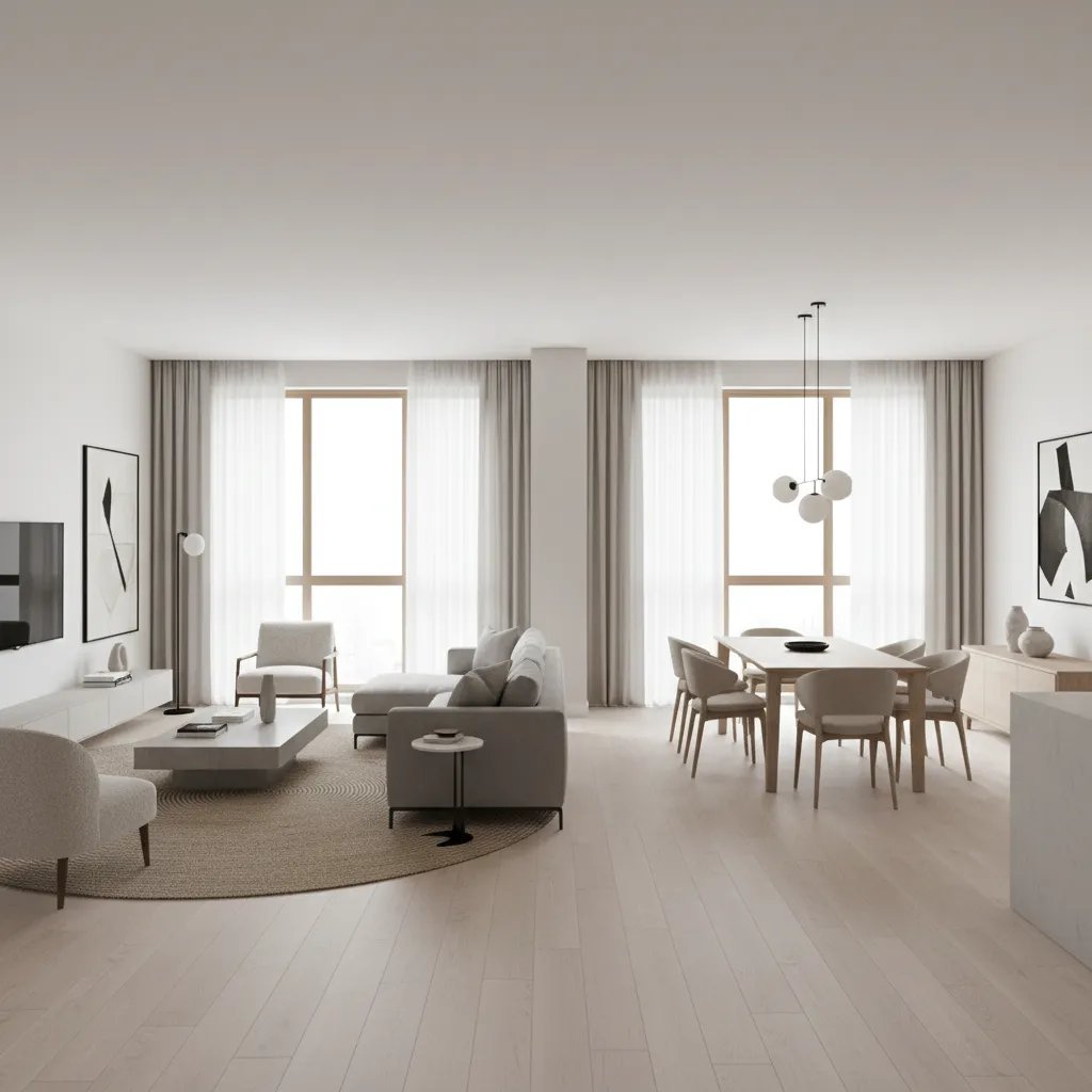 open plan living room layout with multiple zones for seating and dining