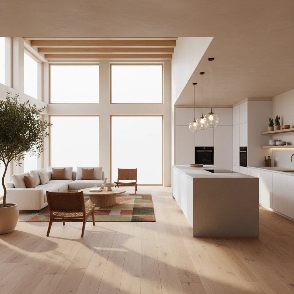 Open plan living room and white kitchen with wood floor large windows and ceiling lights
