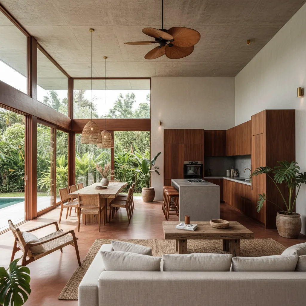 Interior de casa hondureña con sala y comedor abiertos
