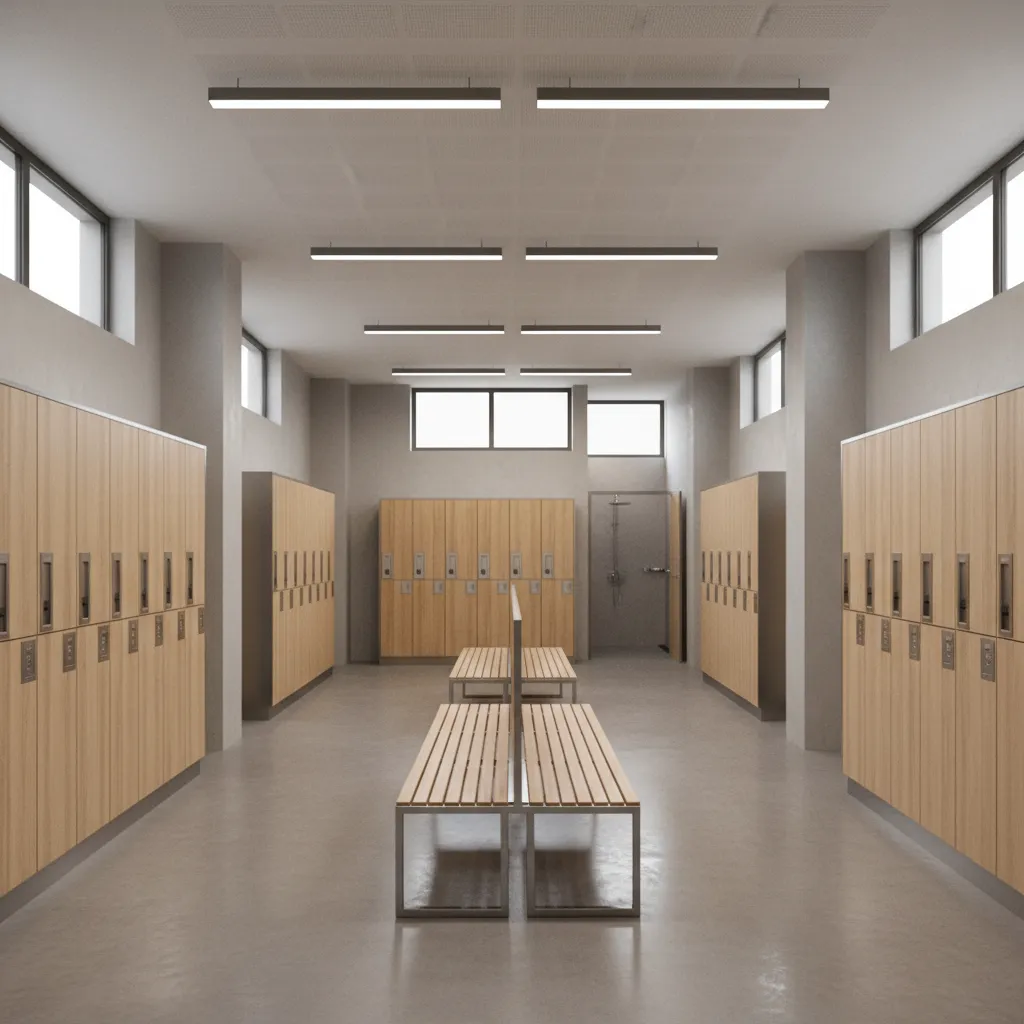 Open plan gym locker room with rows of lockers and benches