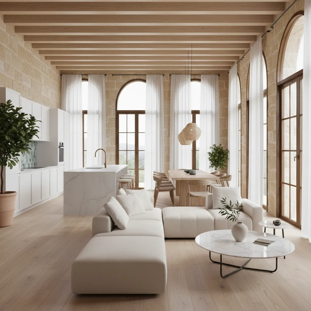 Open plan room with white sofa, marble table, kitchen island, dining set, and arched windows