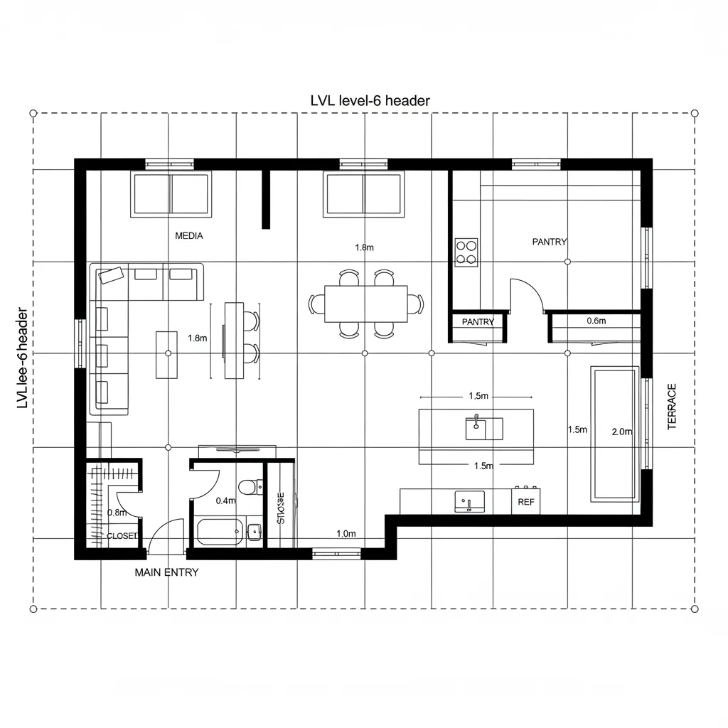 Floor plan interior design drawing showing open layout with kitchen dining living room and pantry area