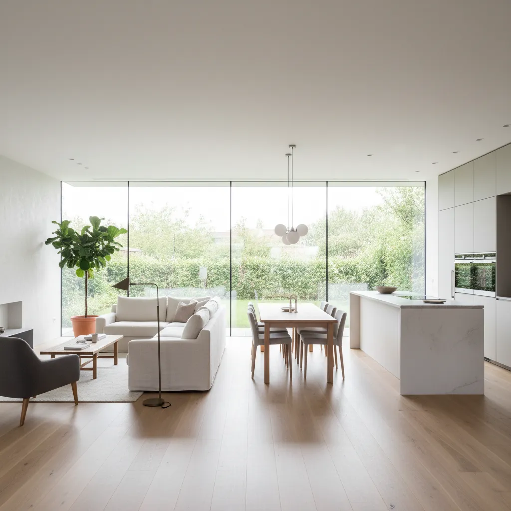 Minimalist open plan living room with white sofa wooden dining table kitchen island and large windows