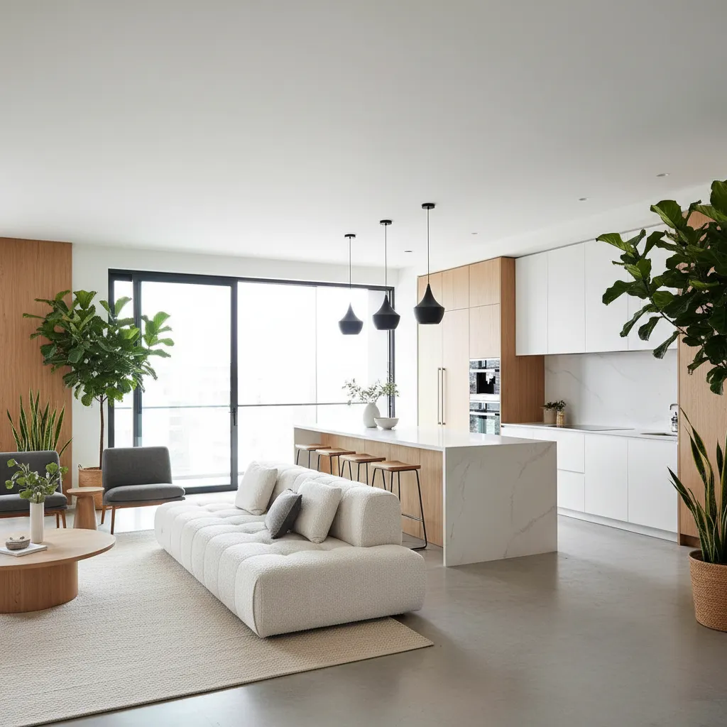 Modern open living area with white sofa marble kitchen island wooden cabinets and lush plants