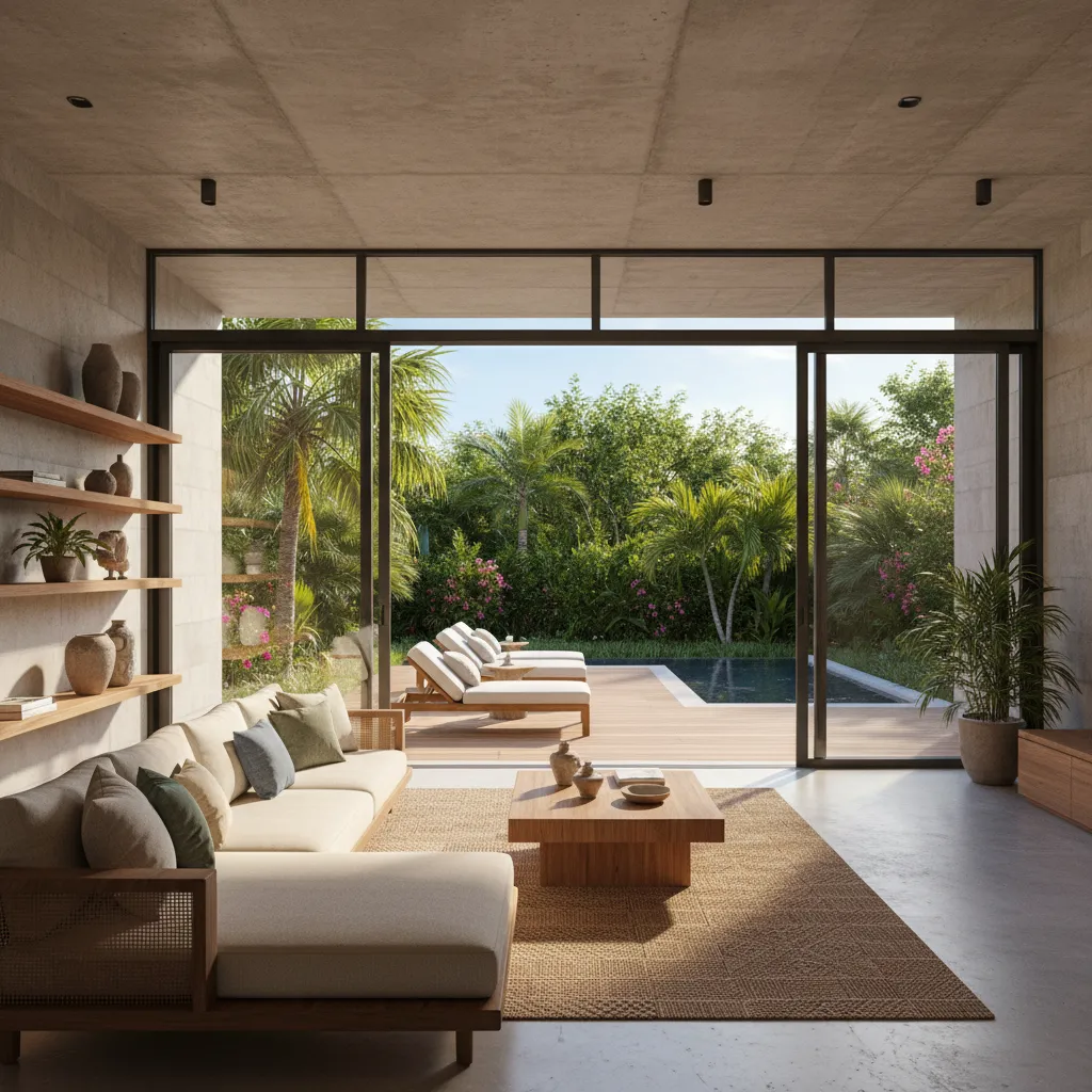 Interior de casa moderna con sala y terraza conectadas