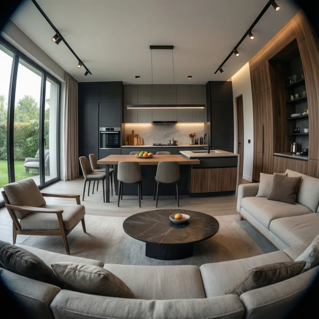 Interior de casa moderna con salón comedor y cocina abierta