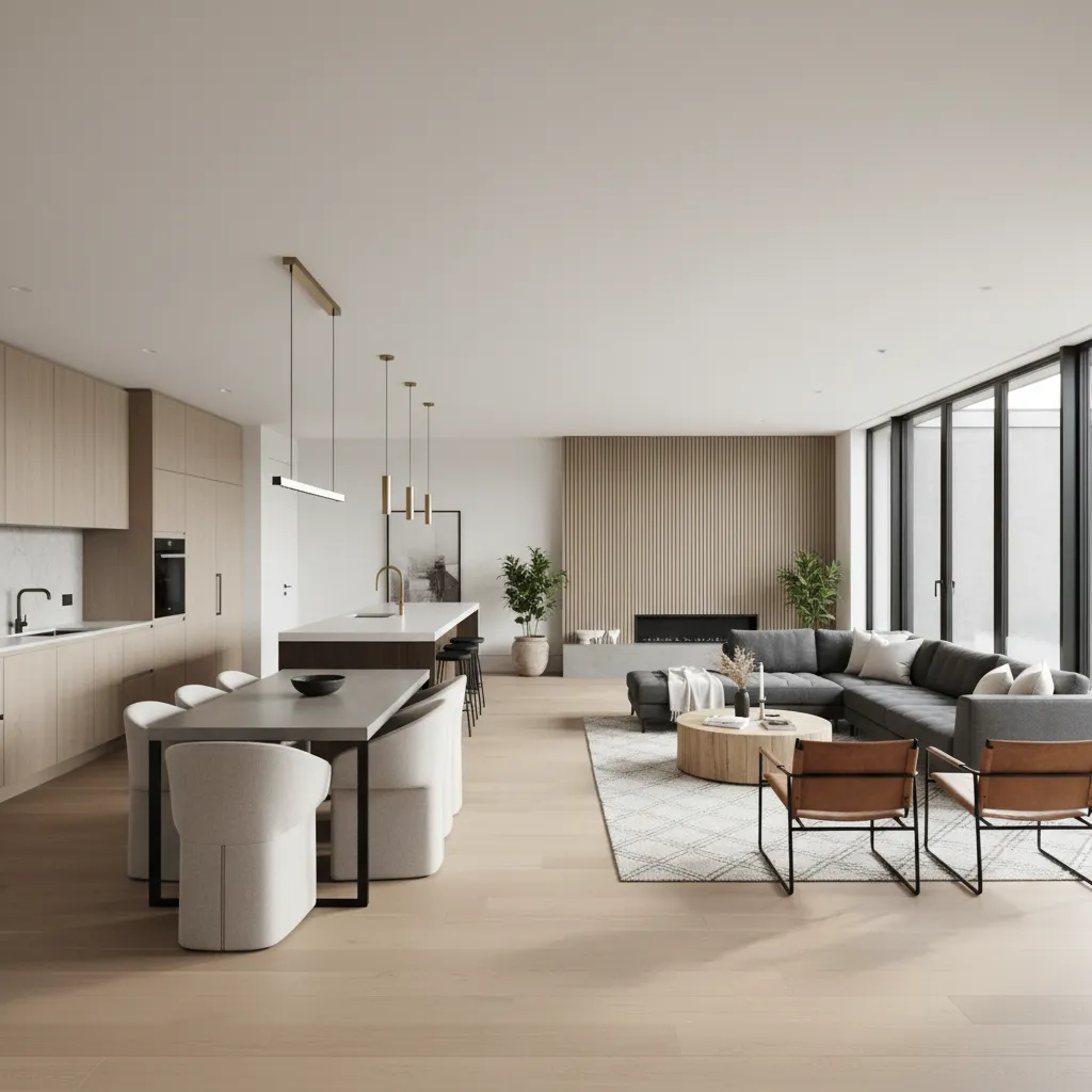 Modern open plan living room with grey sofa dining table wooden floor and small fireplace