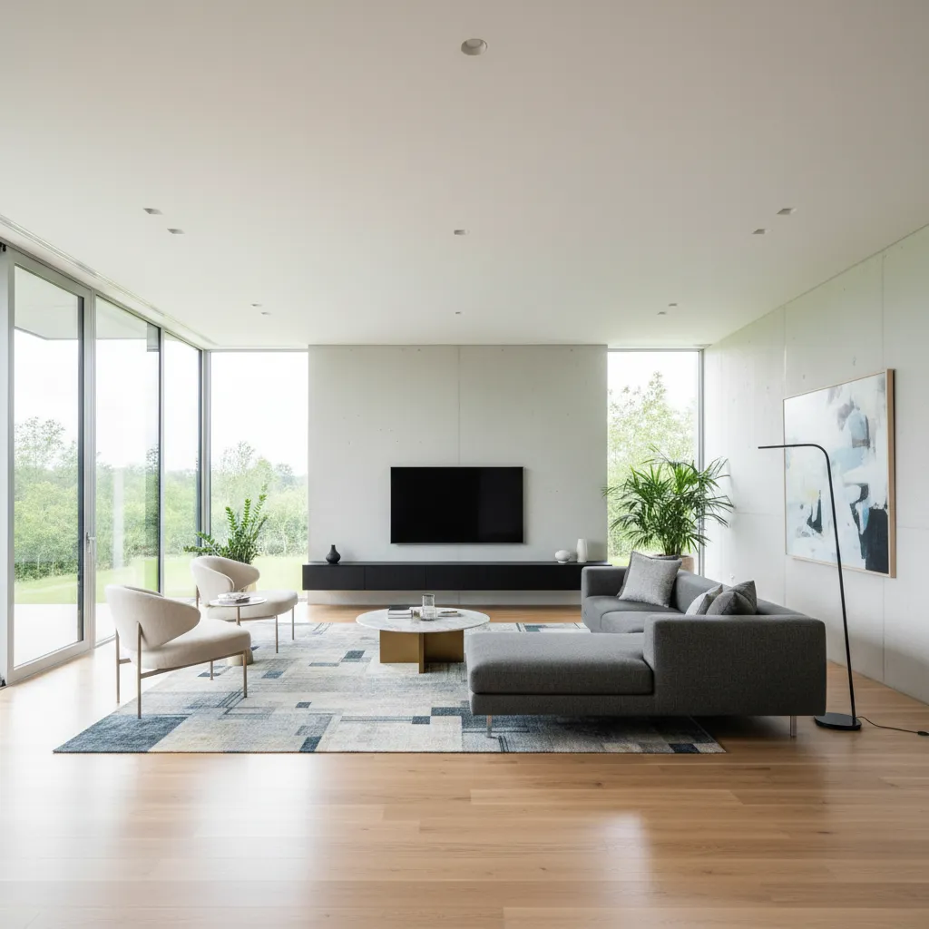 Interior de casa moderna con planta abierta y grandes ventanales