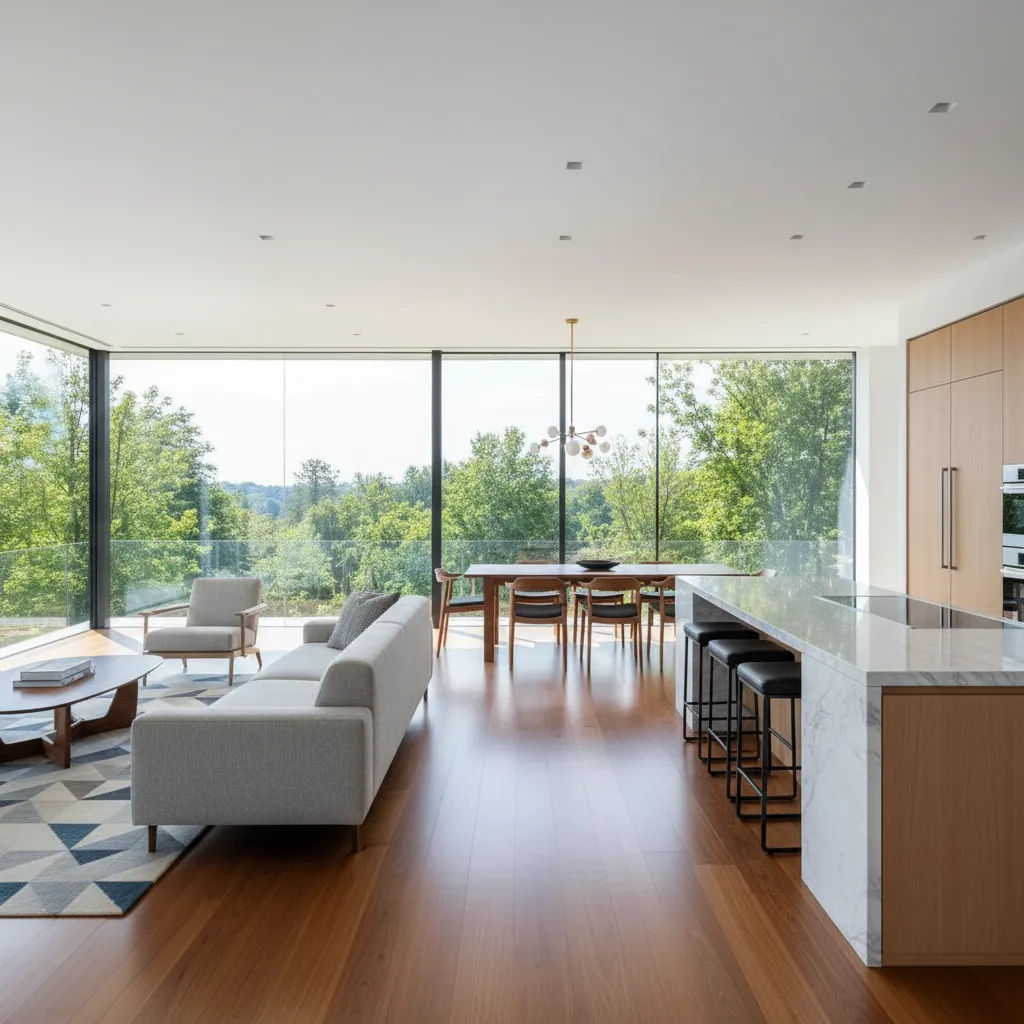 Sala, comedor y cocina integrados en una casa moderna de dos pisos