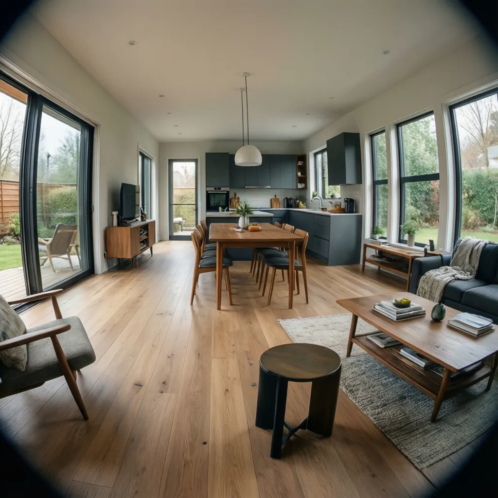 Interior de casa moderna de una planta con salón, comedor y cocina integrados