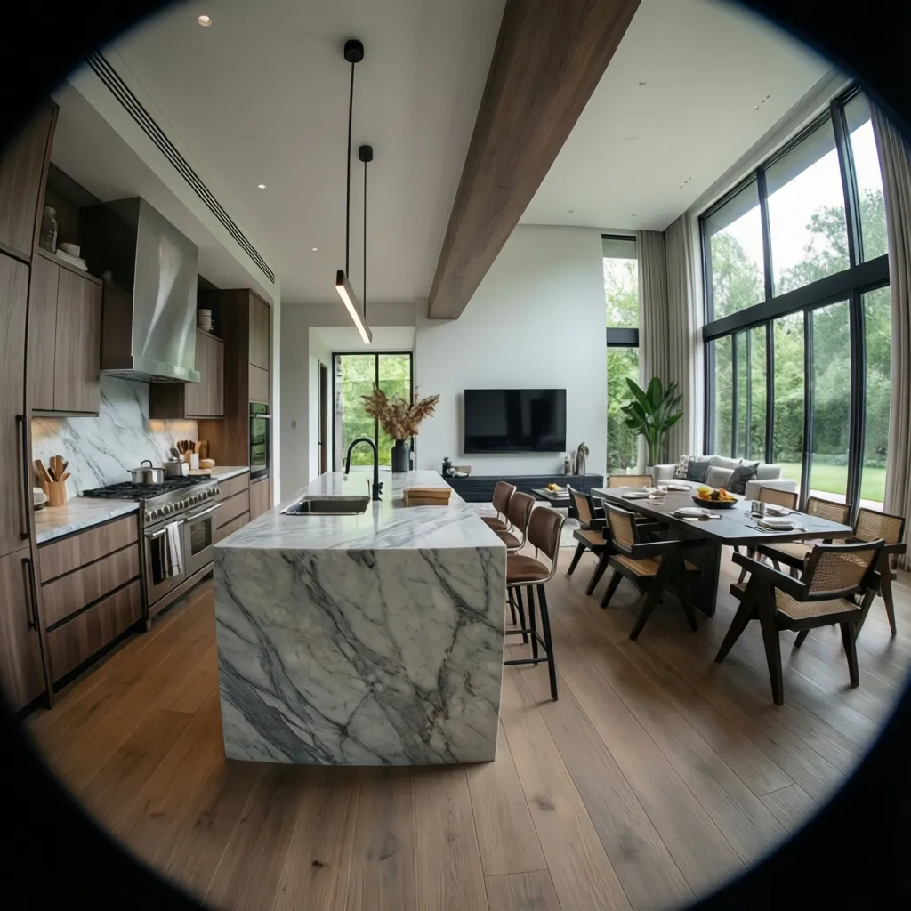 Espacio abierto moderno con cocina, comedor y sala integrados