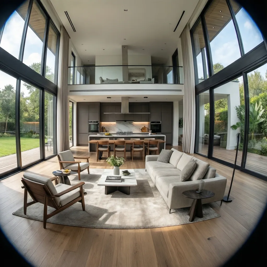 Open plan living room with grey sofa wooden floor large windows kitchen and dining area