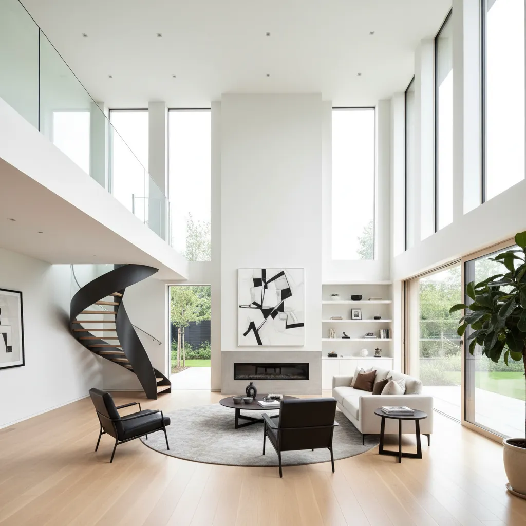 Interior de casa de diseño con espacio abierto y doble altura