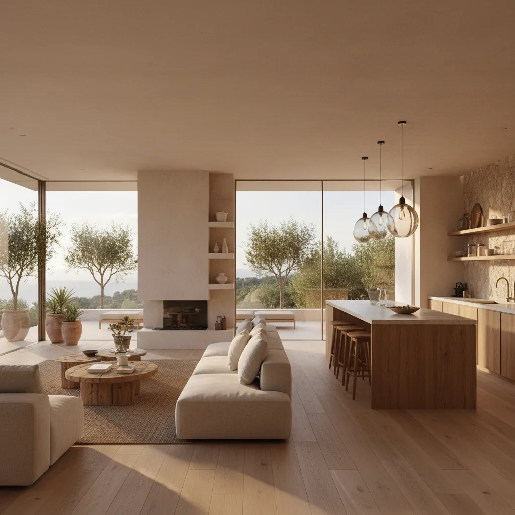 Interior moderno con salón abierto y grandes ventanales