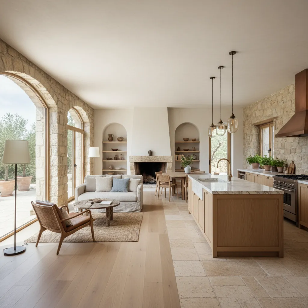 Open plan kitchen and living space with stone walls wooden island marble counter and chairs