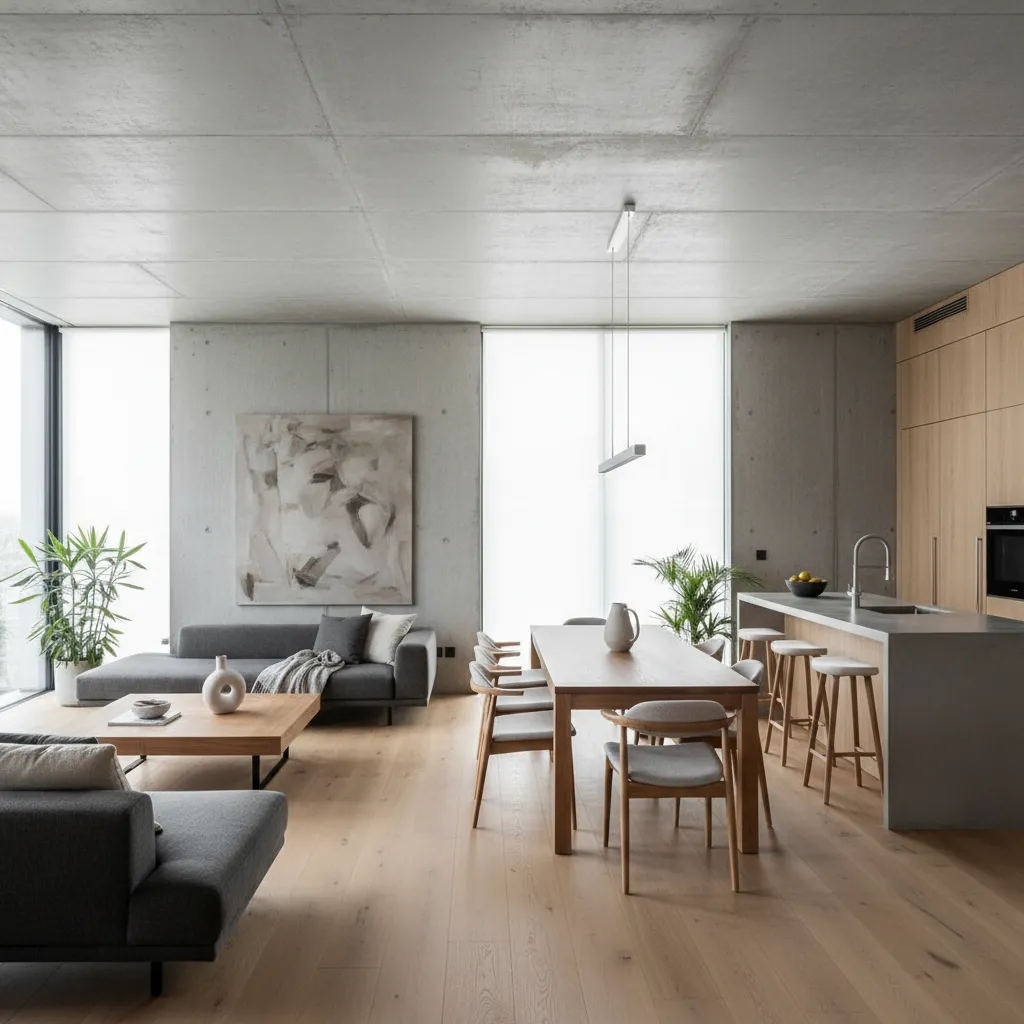 Espacio abierto de salón comedor y cocina en casa moderna de una planta