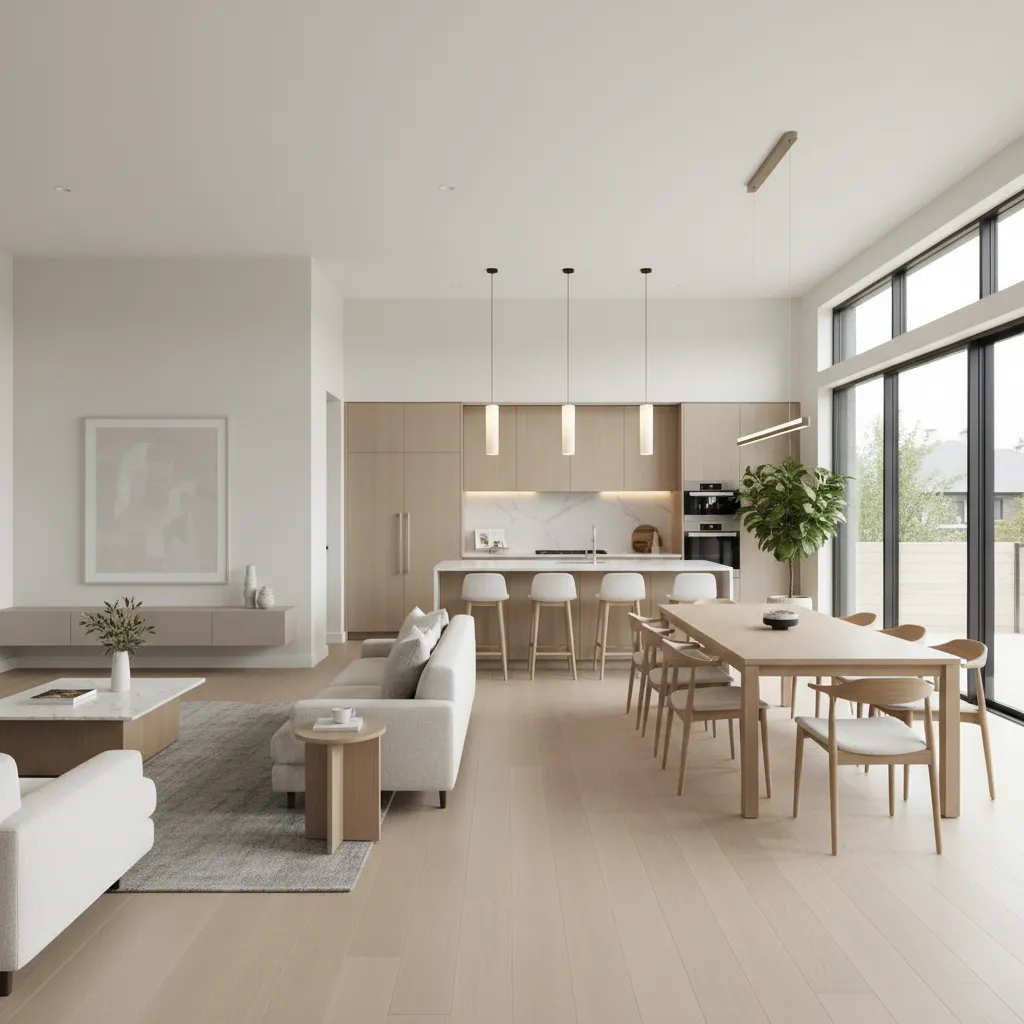 Espacio abierto de salón, comedor y cocina en una vivienda moderna