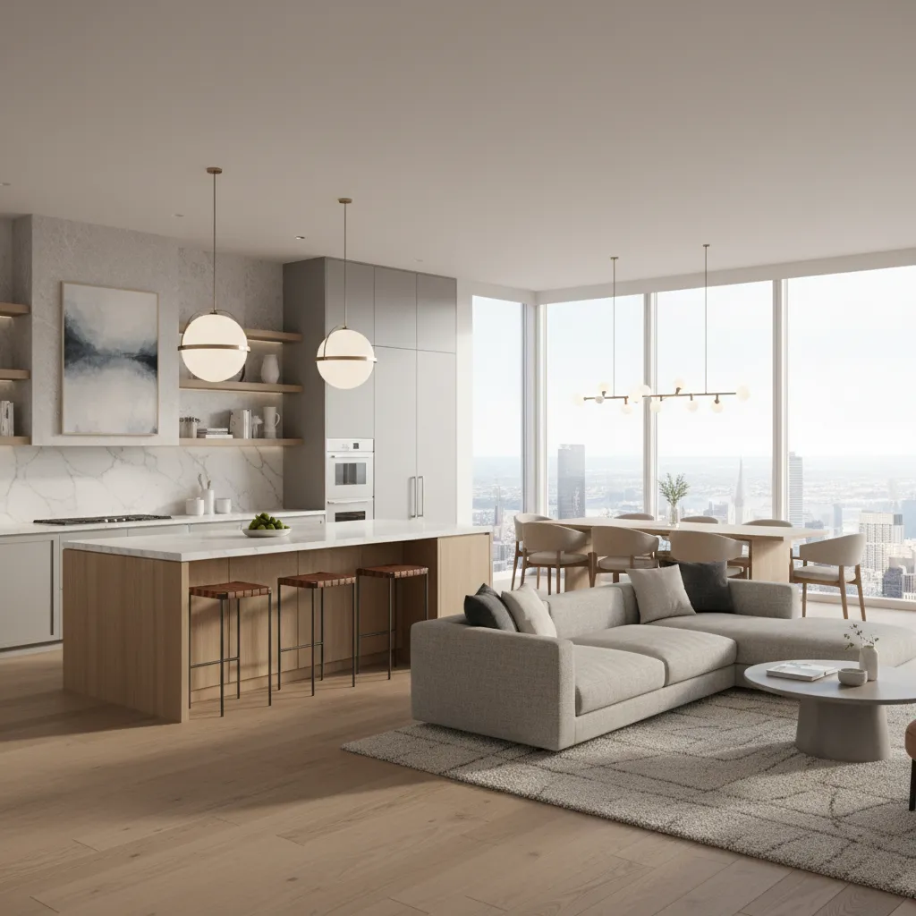 Espacio abierto moderno con cocina, comedor y sala integrados