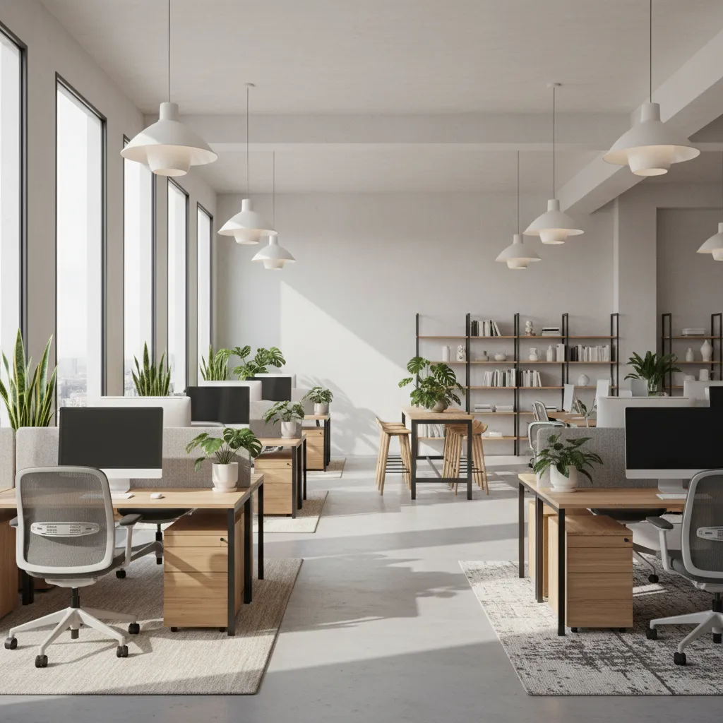 Oficina moderna de planta abierta con estaciones de trabajo y luz natural