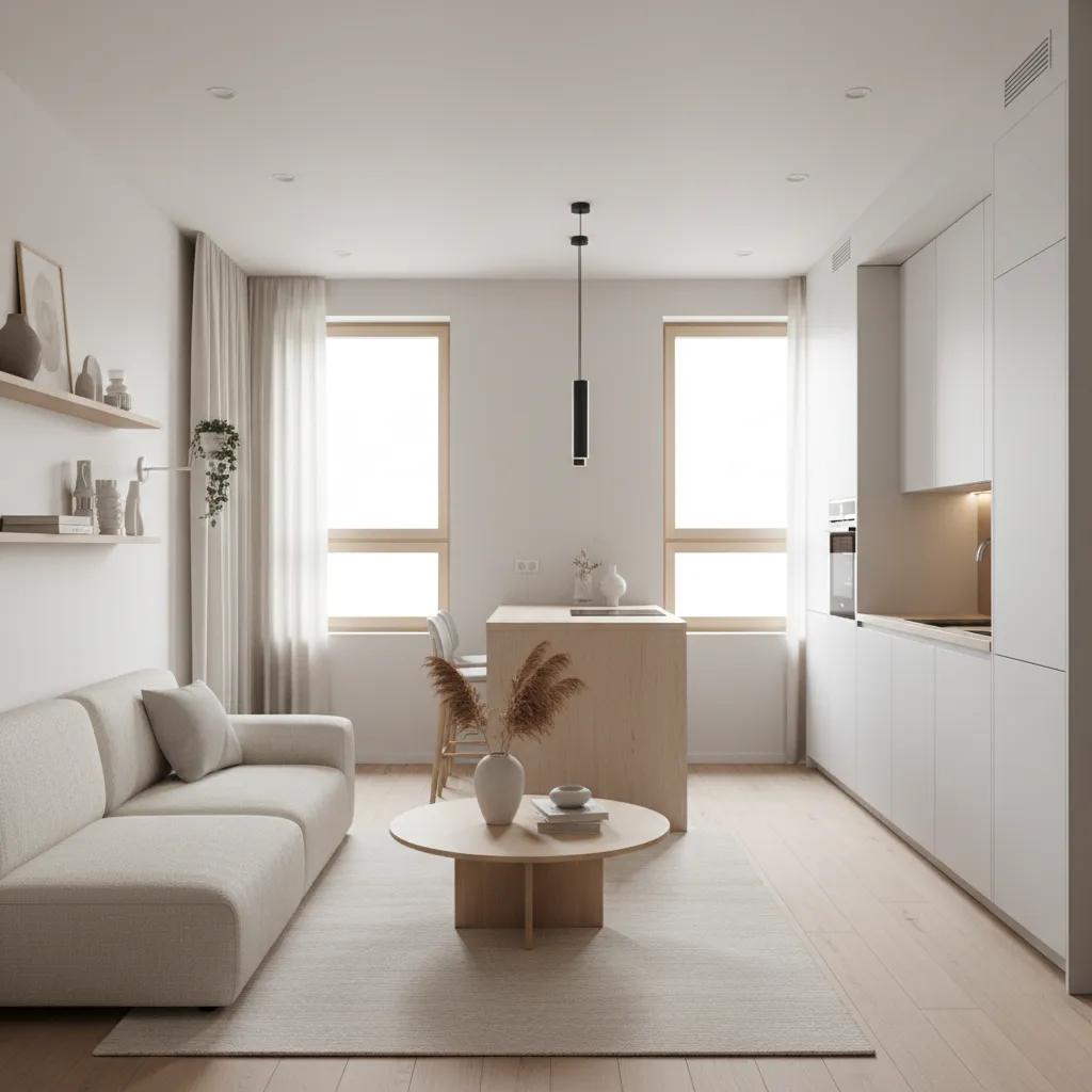 Interior de casa moderna pequeña con espacio abierto