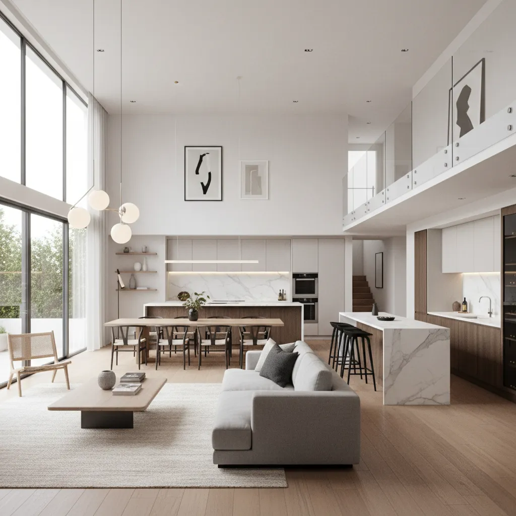 Sala moderna de planta abierta en una casa de dos pisos con comedor y cocina integrados