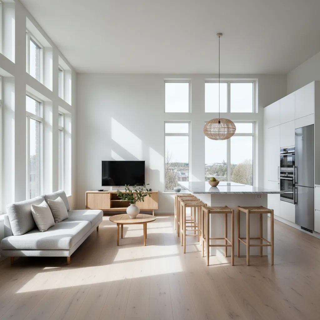 Espacio abierto de cocina y salón iluminado con luz natural