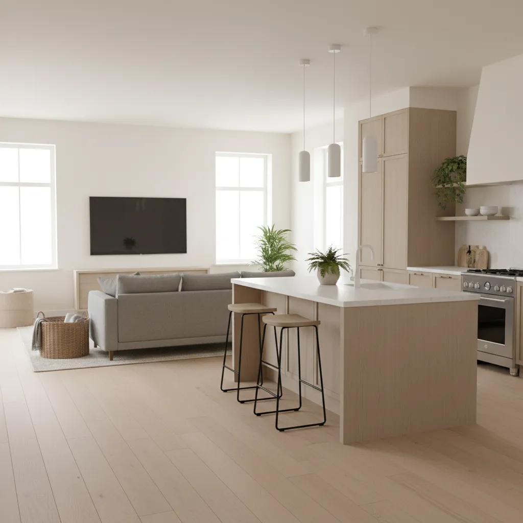 Neutral painted open plan living room and kitchen layout