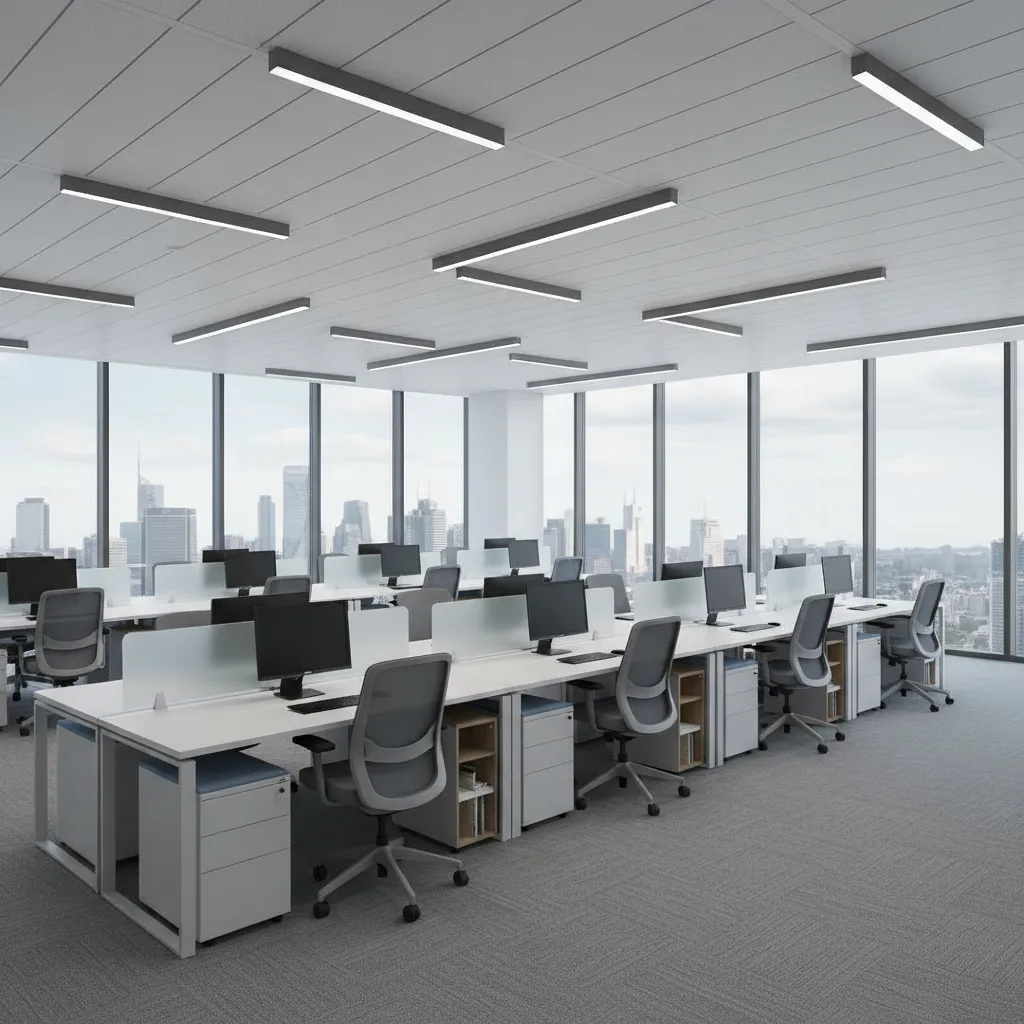 open plan office with long rows of desks and minimal partitions