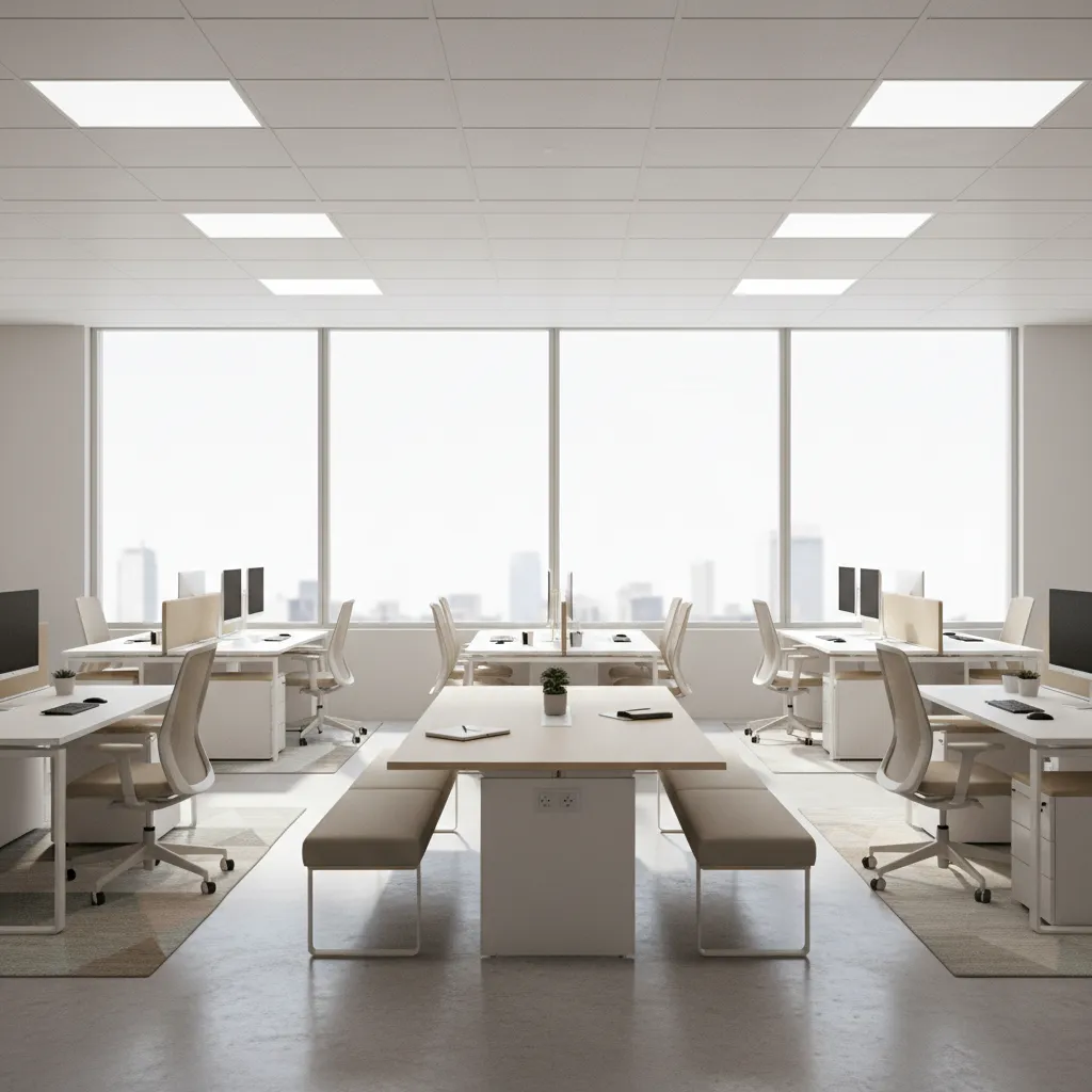 open plan office layout with collaborative desk clusters