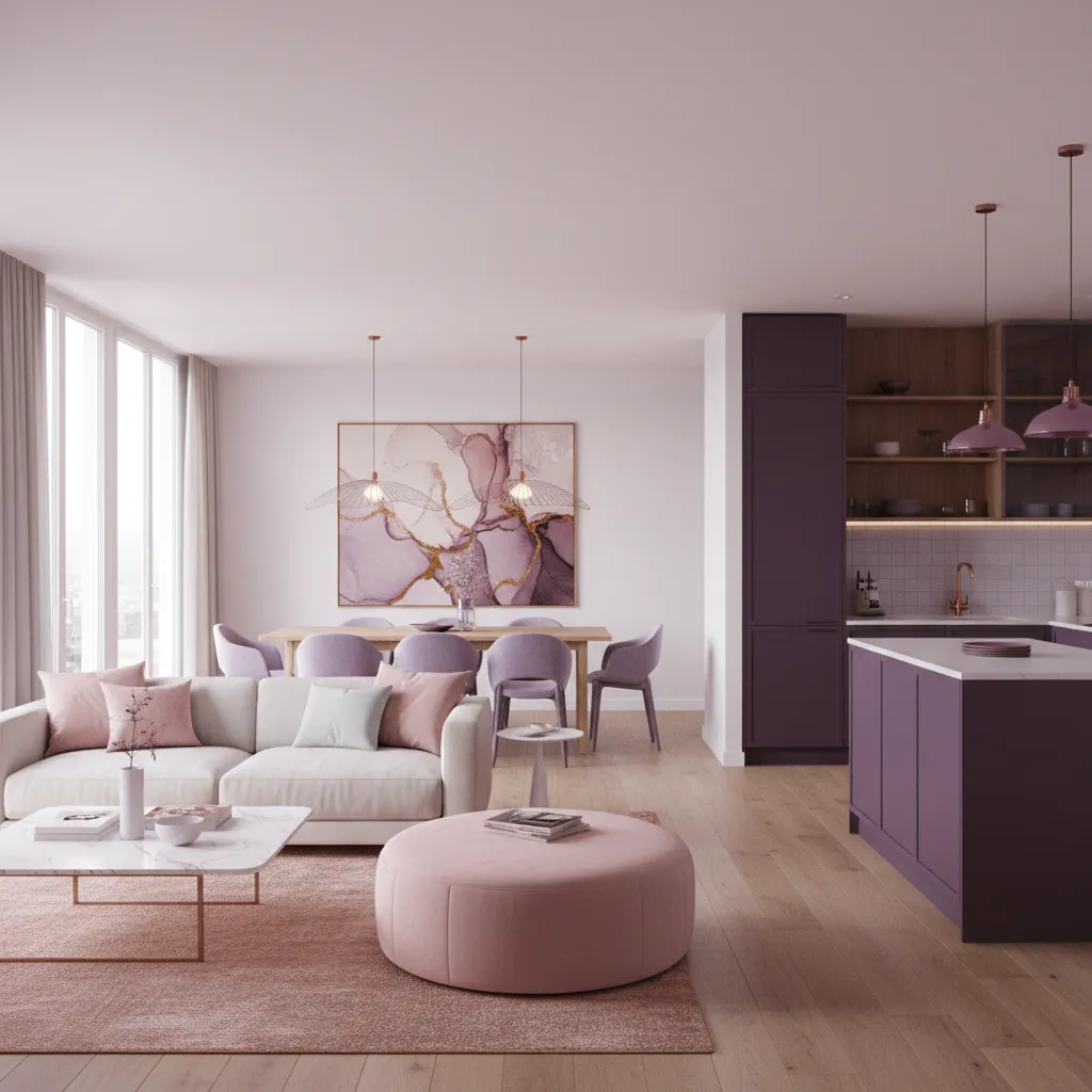 Open plan home showing gradual pink and purple color transitions