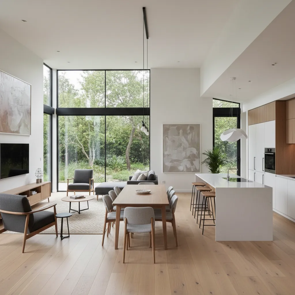 Interior de casa moderna con cocina abierta, comedor y salón conectados
