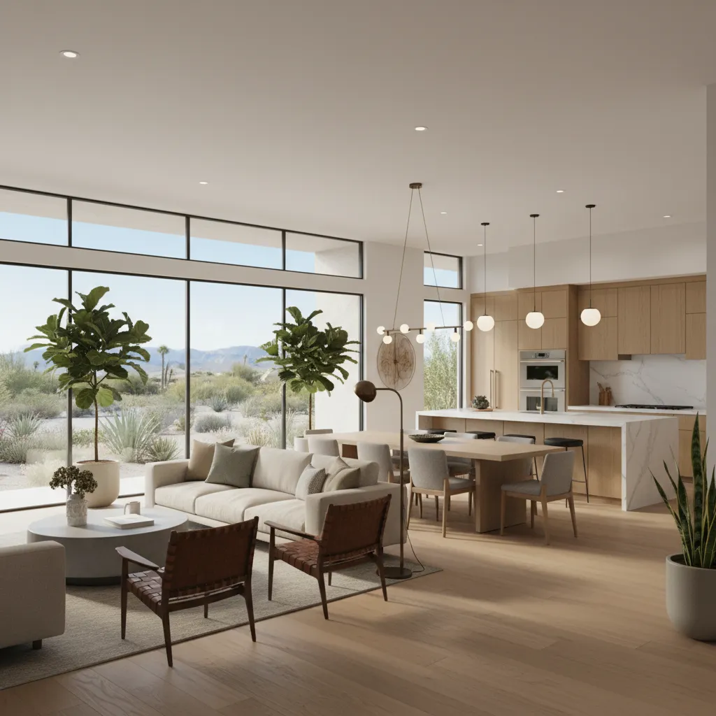 Open concept interior of a modern ranch home connecting kitchen living and dining areas