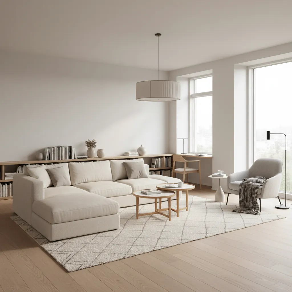 Open plan living room divided into zones with sofa area workspace and reading corner
