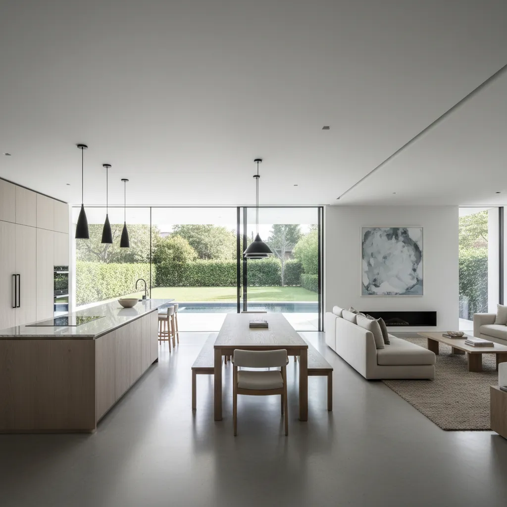 Ruang makan dan dapur open plan pada rumah modern