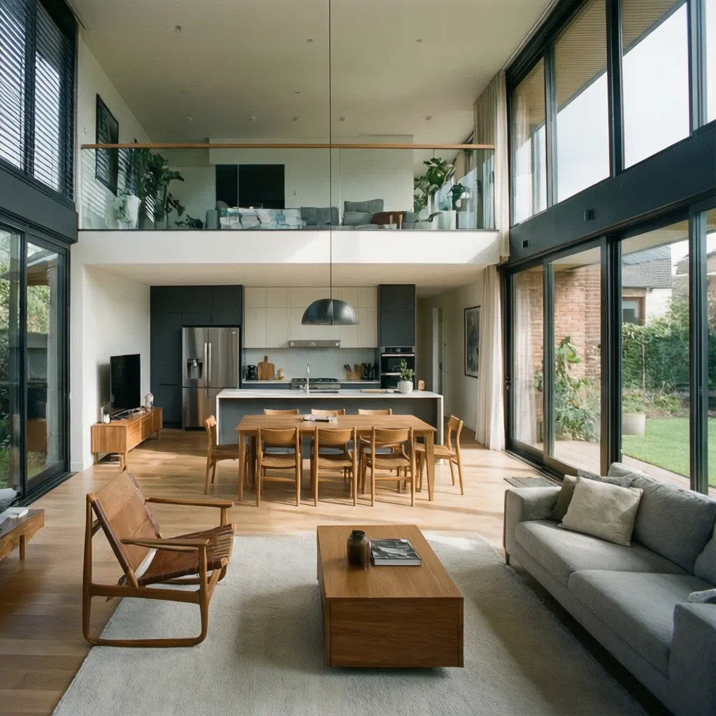 Modern open plan living room with wooden floor, kitchen island, dining table, and large windows