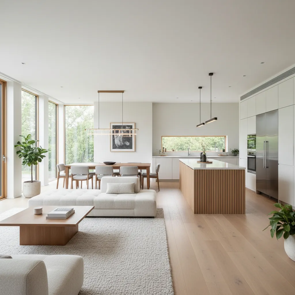 Interior rumah dengan konsep open plan ruang keluarga dapur dan ruang makan