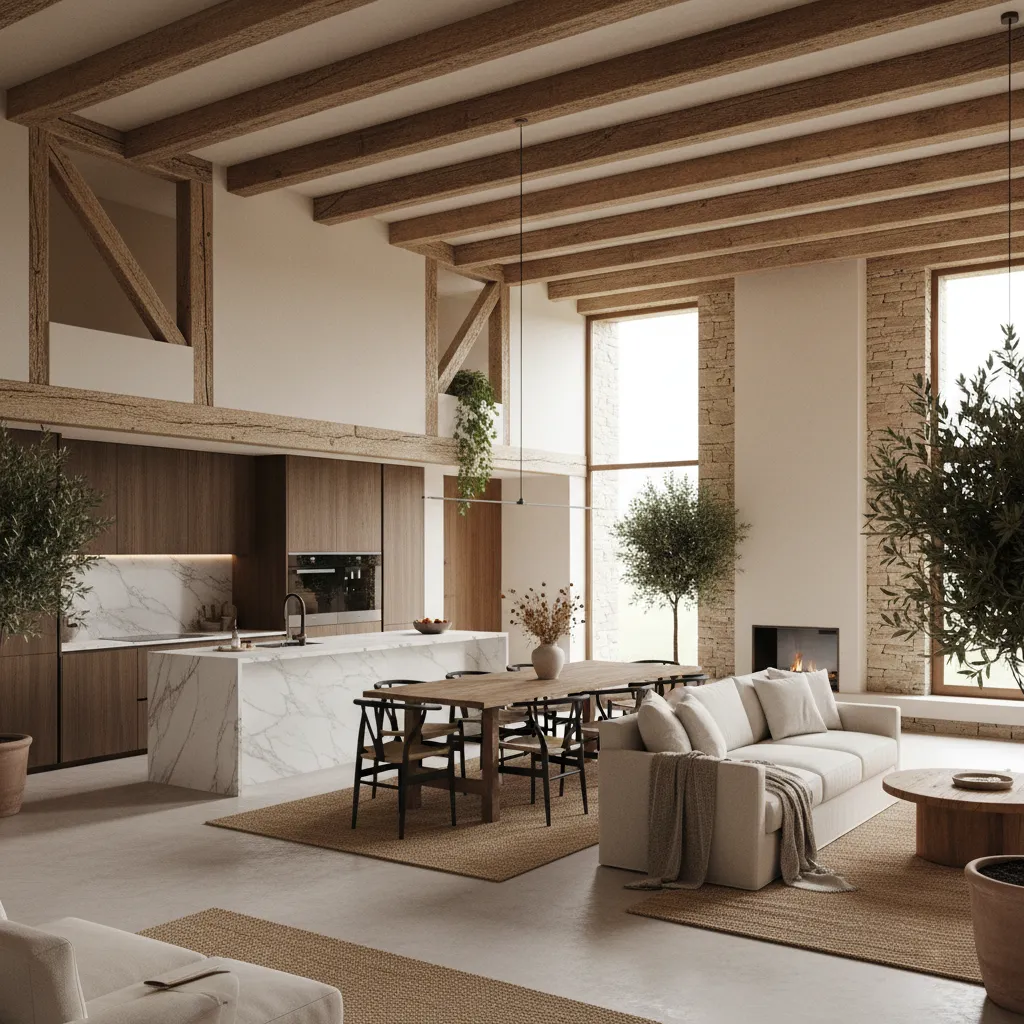 Espacio abierto con cocina, comedor y salón en casa rural moderna