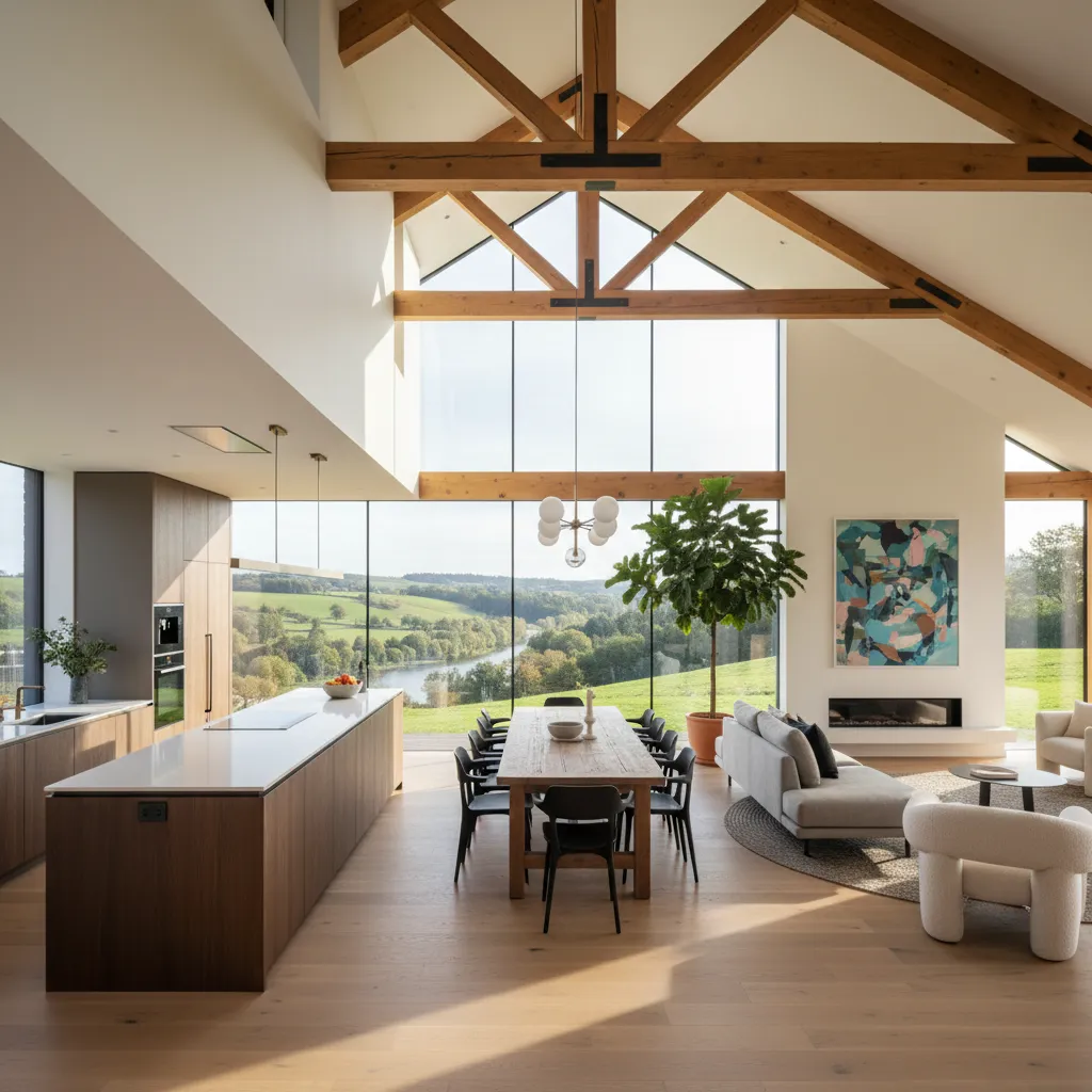 Espacio abierto de cocina salón y comedor en casa rural moderna