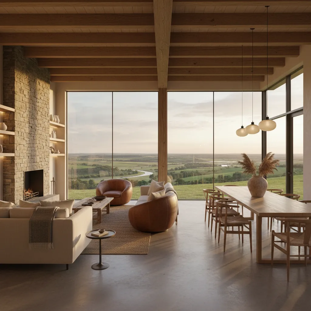 Interior abierto de casa rural moderna con salón y comedor