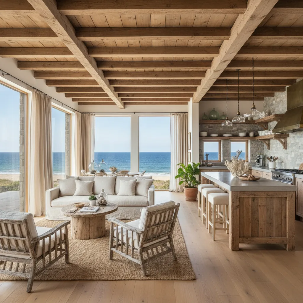 Espacio abierto de salón y cocina en casa de playa rústica