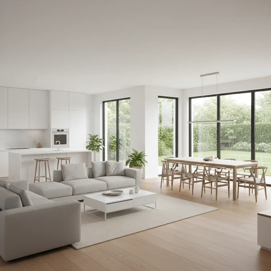 Salón moderno de planta abierta en una casa estilo Sims FreePlay