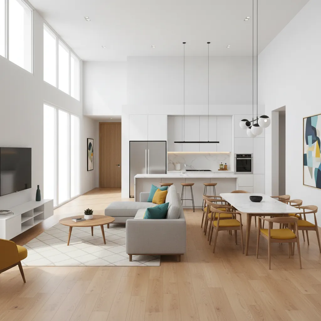 Open plan living area with white walls wooden floor dining table sofa and modern kitchen