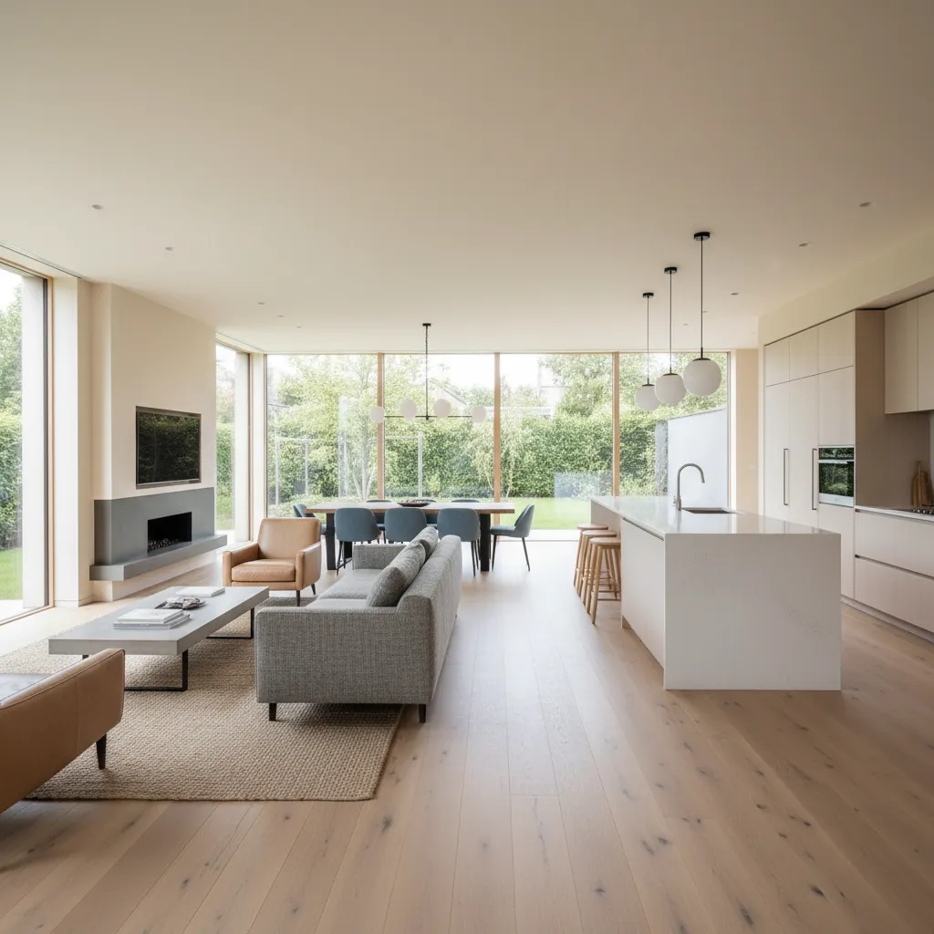 Interior de casa moderna de una planta con salón y cocina abierta