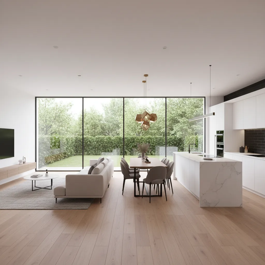 Plano abierto de casa moderna de un solo piso con cocina sala y comedor conectados