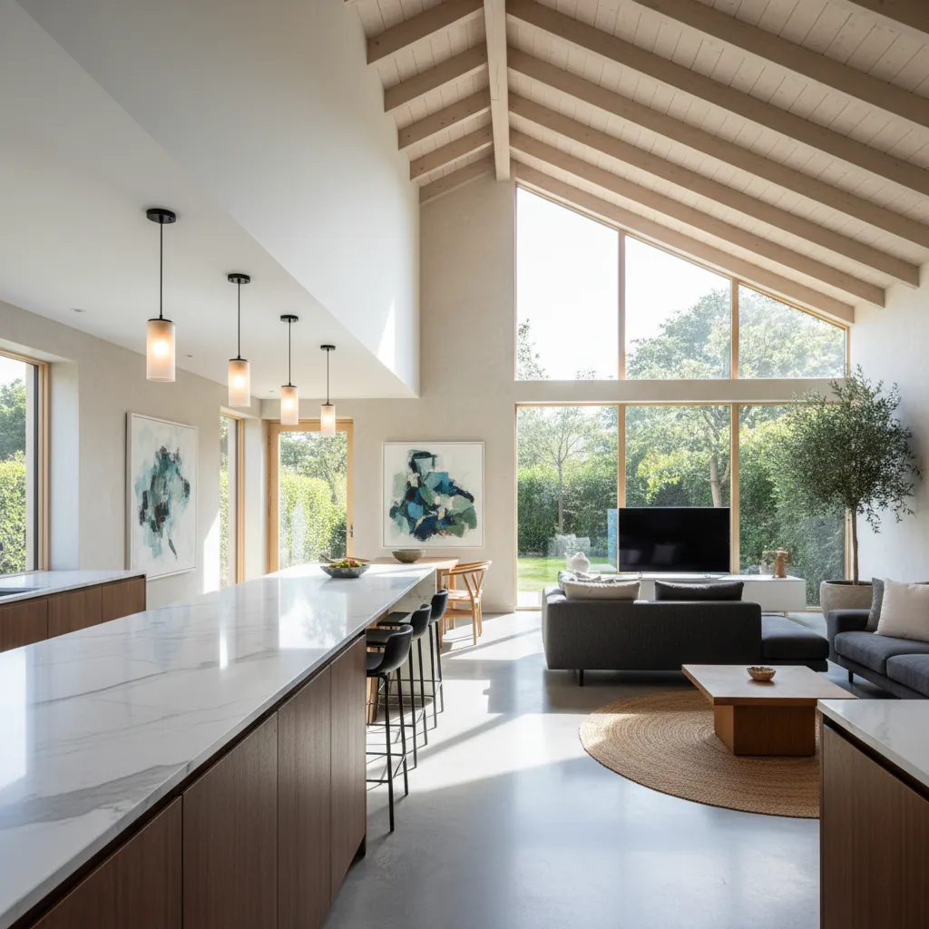 Open plan living room with high wooden ceiling kitchen island grey sofa and large windows