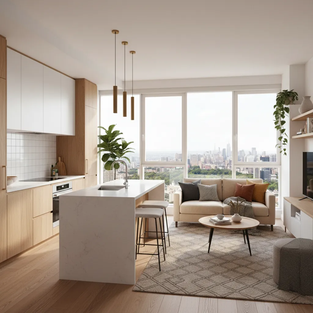 Apartamento pequeño con diseño de cocina abierta y salón integrado