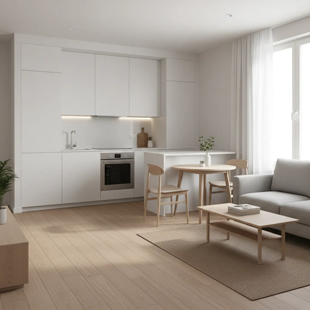 Open plan small apartment with kitchen and living room visible in one space